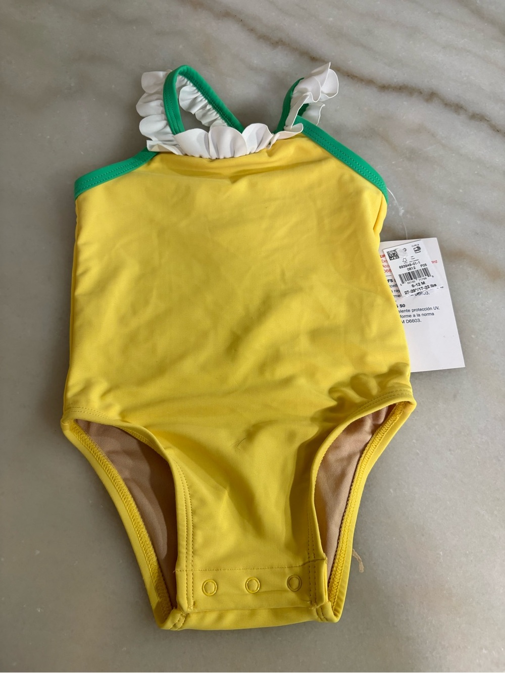 Old Navy Yellow One-Piece Swimsuit with Green Trim and White Ruffles